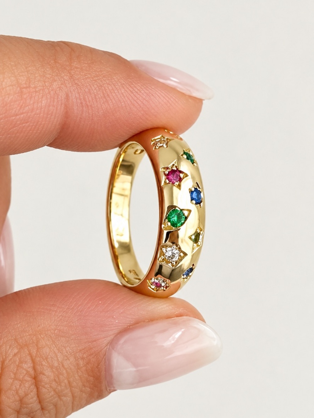 14K Gold Plated Rainbow Multicolor CZ Star Dome Band Ring Colorful Statement